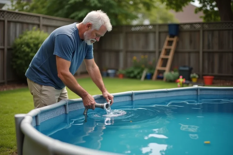 Homme remplissant une piscine hors sol avec un tuyau d'arrosage dans un jardin résidentiel