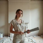 Femme en salopette de travail tenant une spatule dans un appartement nantais en cours de rénovation, mur en pierre apparente et enduit frais visibles