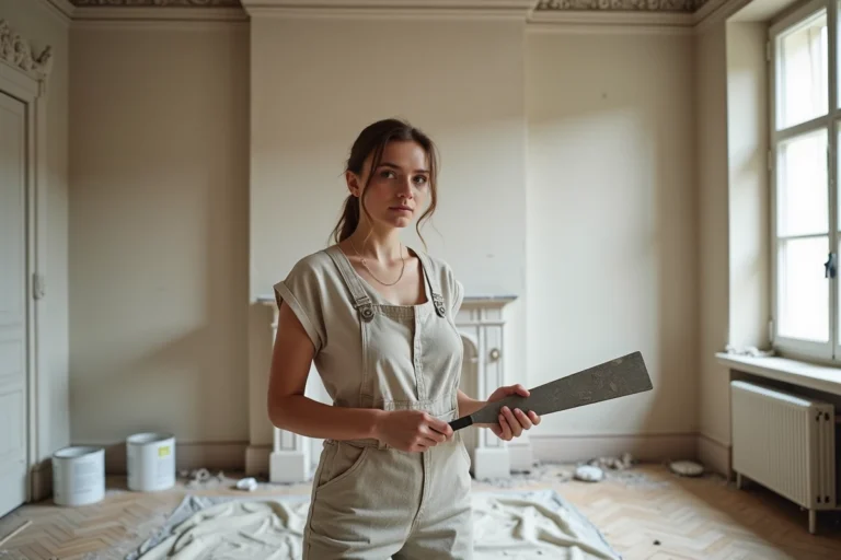 Femme en salopette de travail tenant une spatule dans un appartement nantais en cours de rénovation, mur en pierre apparente et enduit frais visibles