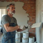 Homme en salopette appliquant de l'enduit sur un mur lors de travaux de rénovation intérieure