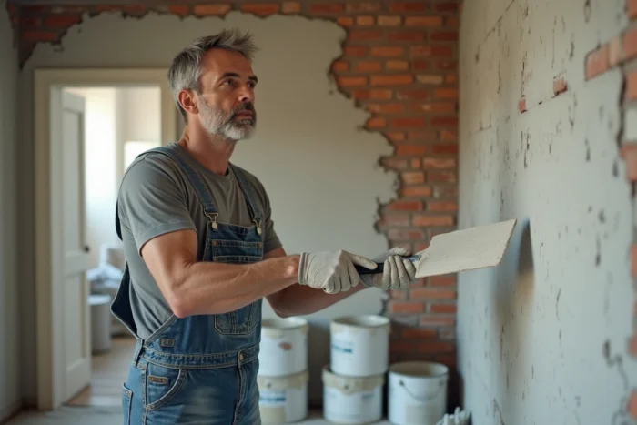 Homme en salopette appliquant de l'enduit sur un mur lors de travaux de rénovation intérieure