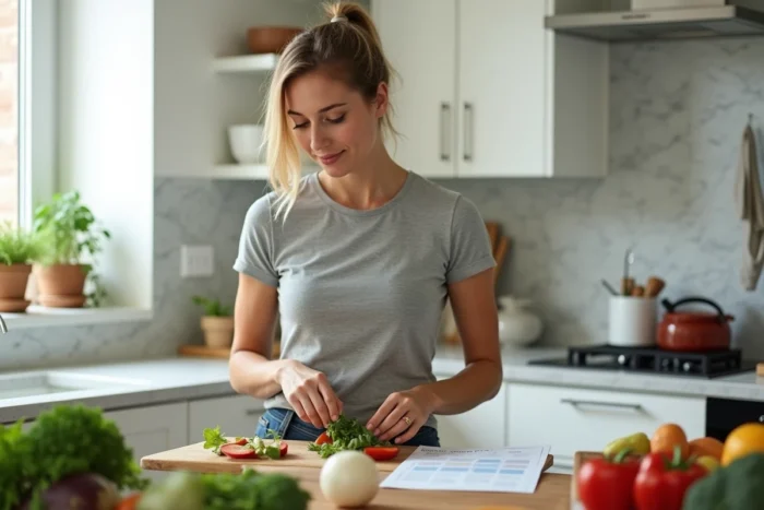 Femme préparant un repas équilibré en suivant le programme alimentaire Naturhouse dans sa cuisine