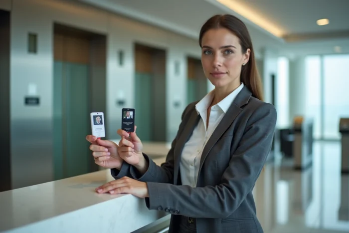 Responsable sécurité comparant deux badges d'accès dans un hall d'entrée de bâtiment professionnel