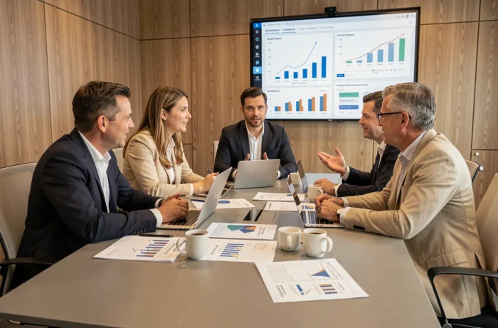 Réunion de professionnels autour d'une table de conférence avec rapports et ordinateurs portables