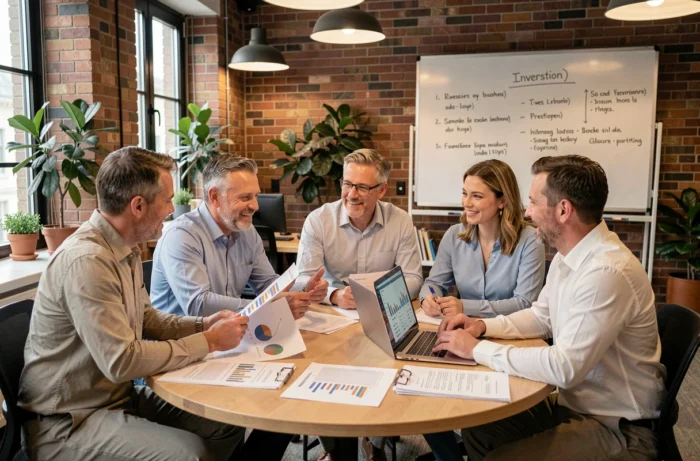 Groupe d'investisseurs immobiliers analysant ensemble un portefeuille de biens lors d'une réunion de partenariat dans un espace de coworking