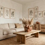 Salon minimaliste et éco-responsable avec canapé en lin beige, table en chêne brut et vases en céramique terracotta dans un intérieur tendance