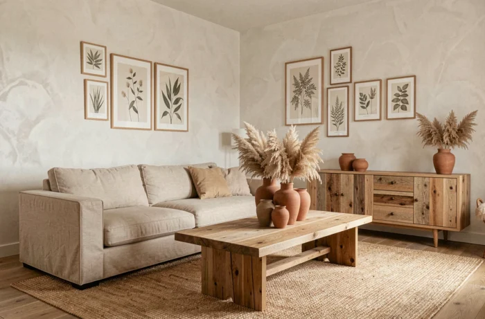 Salon minimaliste et éco-responsable avec canapé en lin beige, table en chêne brut et vases en céramique terracotta dans un intérieur tendance