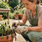 Femme jardinière retirant les feuilles noircies d'un plant de menthe en pot sur une terrasse en pierre