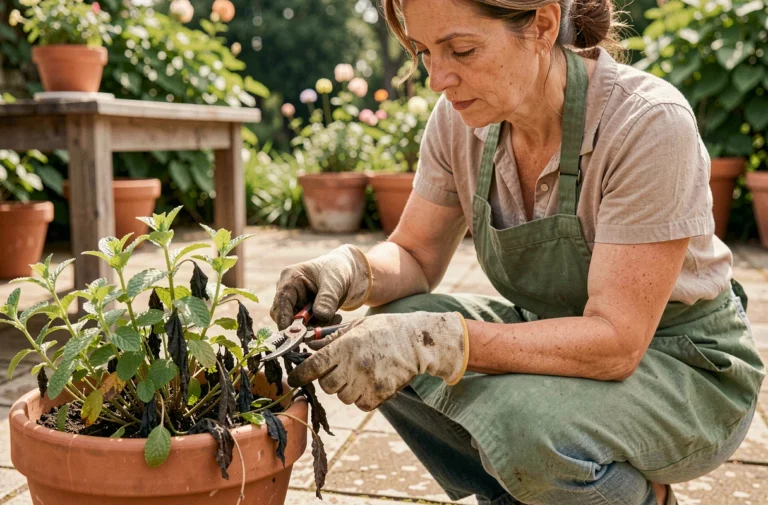 Femme jardinière retirant les feuilles noircies d'un plant de menthe en pot sur une terrasse en pierre