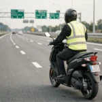 Scooter 125cc circulant sur une autoroute française avec un conducteur équipé d'un gilet haute visibilité et d'un casque intégral