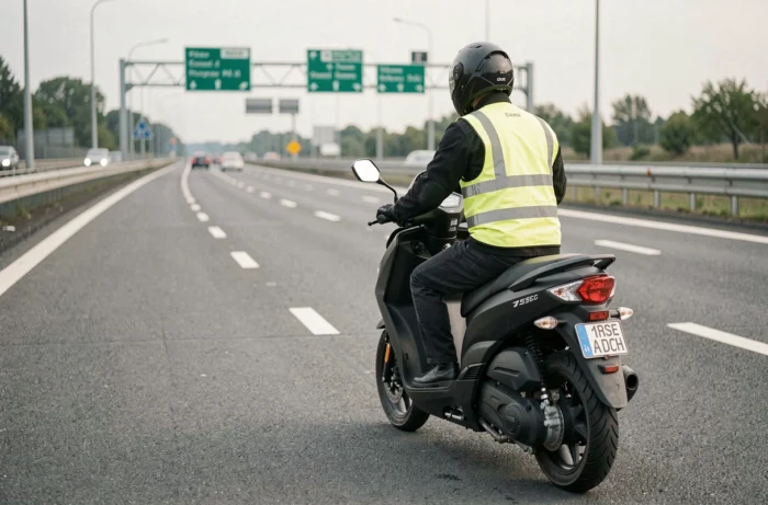 Scooter 125cc circulant sur une autoroute française avec un conducteur équipé d'un gilet haute visibilité et d'un casque intégral