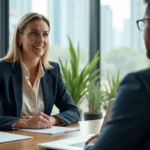 Coach professionnelle en blazer marine écoutant attentivement un client lors d'une séance de coaching dans un bureau moderne