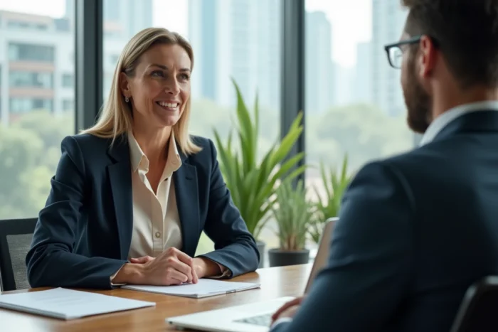 Coach professionnelle en blazer marine écoutant attentivement un client lors d'une séance de coaching dans un bureau moderne