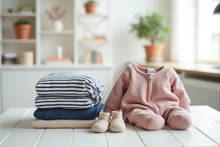 Sélection de vêtements tendance pour bébé soigneusement pliés sur une table blanche, incluant body rayé, survêtement velours rose et salopette en denim stretch