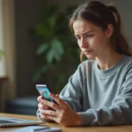 Jeune femme frustrée tenant un smartphone Android avec Snapchat qui bug, assise à un bureau moderne