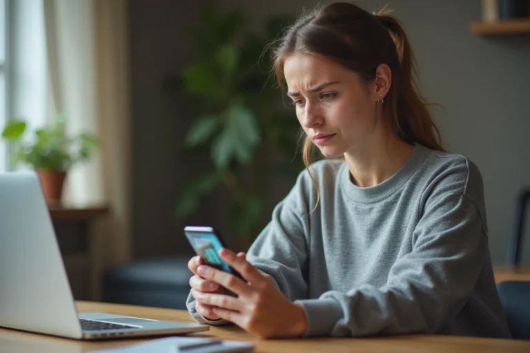 Jeune femme frustrée tenant un smartphone Android avec Snapchat qui bug, assise à un bureau moderne