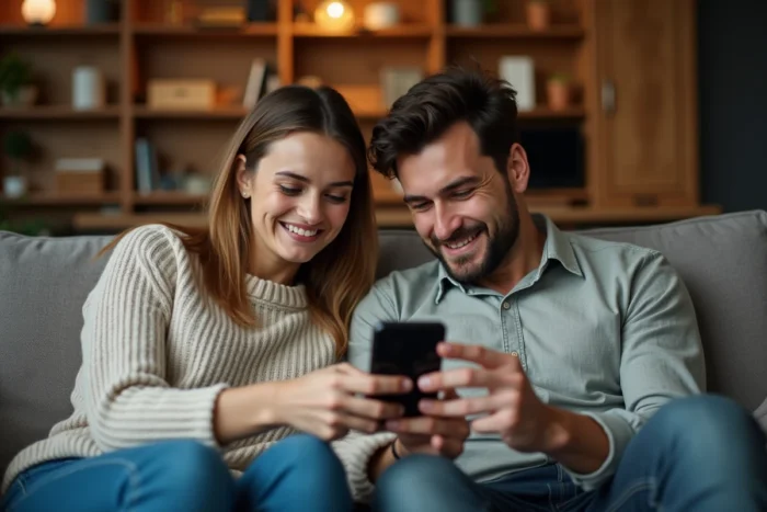 Deux personnes sur un canapé consultant un smartphone Android affichant un crash de l'application Snapchat