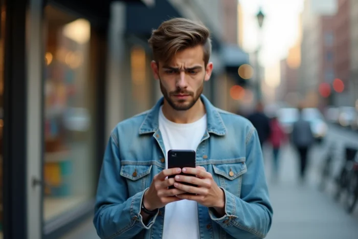 Homme en ville regardant son téléphone Android avec une erreur Snapchat affichée à l'écran