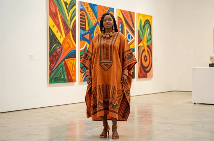 Femme en kaftan structuré ocre et terracotta brodé devant une installation d'art contemporain colorée, illustrant la signature visuelle de Solange Knowles mêlant art, Afrique et couleur