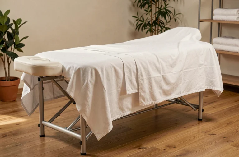 Table de massage professionnelle avec cadre aluminium et drap blanc dans un institut de bien-être moderne