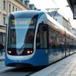 Tramway ligne 2 de Nantes à l'arrêt avec des passagers embarquant sur le quai du centre-ville