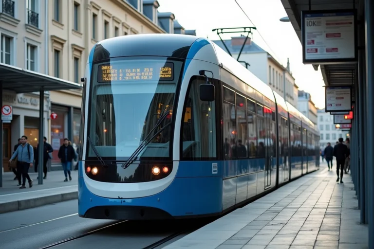 Tramway ligne 2 de Nantes à l'arrêt avec des passagers embarquant sur le quai du centre-ville