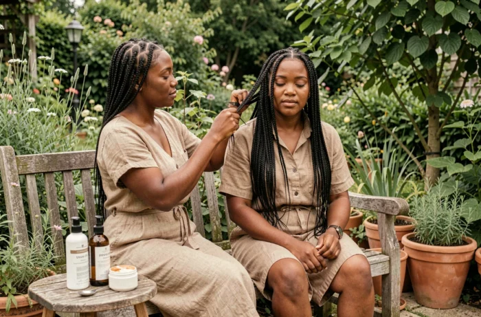 Deux femmes réalisant des tresses protectrices sur cheveux crépus dans un jardin pour stimuler la pousse