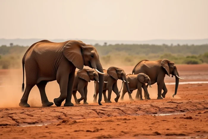 Troupeau d'éléphants africains traversant un lit de rivière asséché dans la savane kényane avec des éléphanteaux