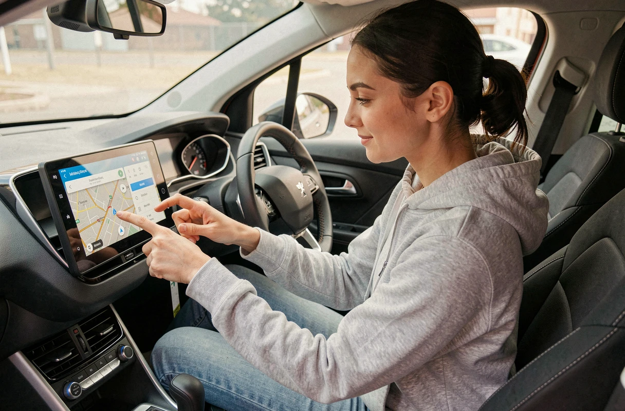 Femme utilisant un autoradio Android nouvellement installé dans l'habitacle d'une Peugeot 2008