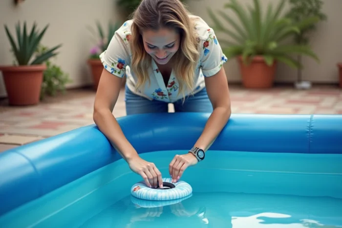 Femme vérifiant le niveau d'eau d'une piscine hors sol gonflable sur une terrasse