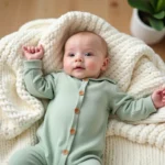 Bébé de 6 mois allongé sur un plaid tricoté crème, habillé d'un body en coton bio vert sauge pastel dans une chambre de bébé minimaliste