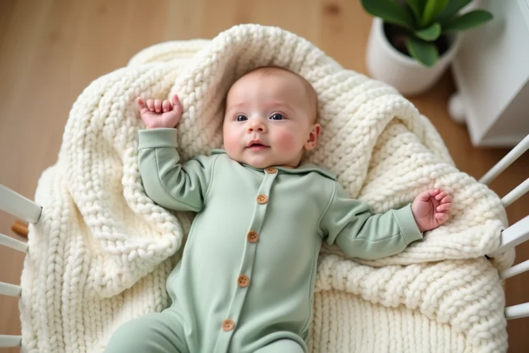 Bébé de 6 mois allongé sur un plaid tricoté crème, habillé d'un body en coton bio vert sauge pastel dans une chambre de bébé minimaliste