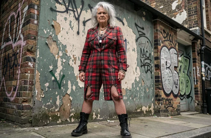 Femme âgée en tailleur tartan déconstruit avec épingles de sûreté dans une ruelle londonienne, incarnant la grammaire punk de Vivienne Westwood