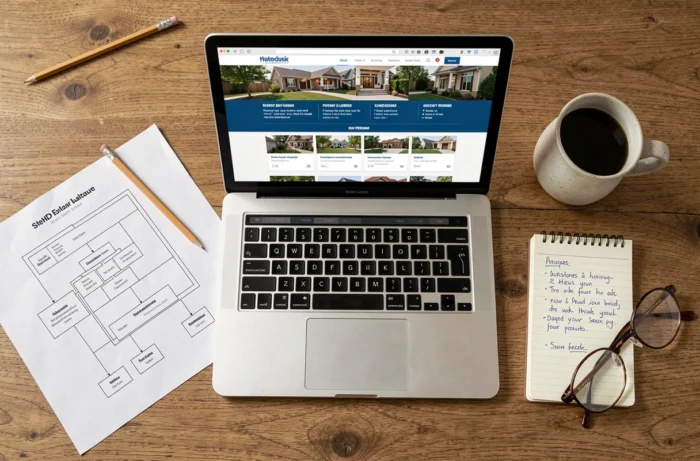 Vue aérienne d'un espace de travail avec laptop affichant la structure d'un site immobilier et notes manuscrites