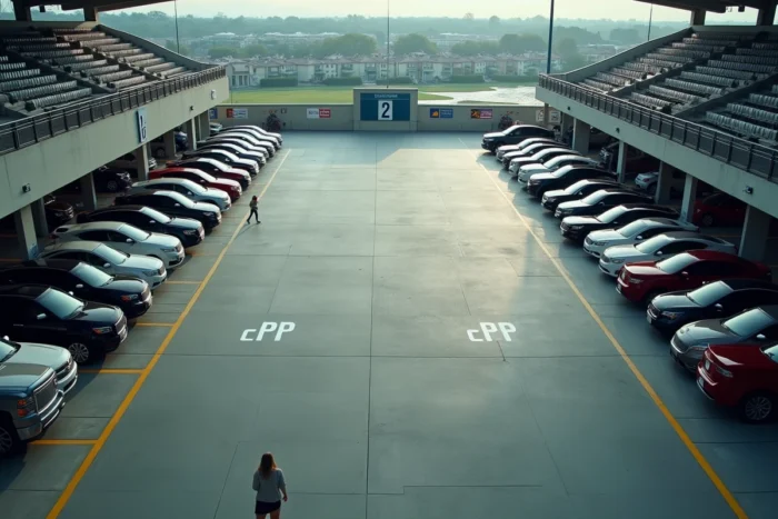Vue aérienne du parking P2 du Stade de France avec emplacements numérotés et voitures garées